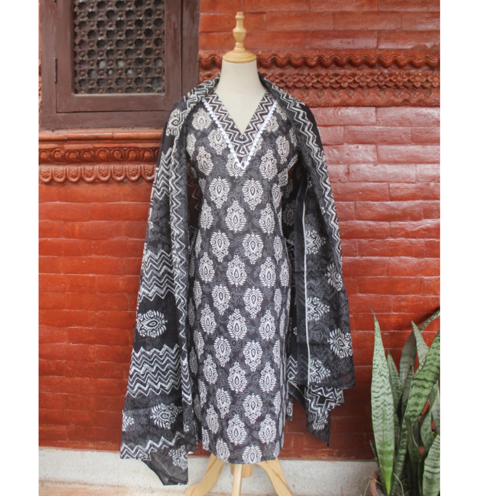 Bisesh Creation Blue V-neck Floral Printed Pure Jaipuri Cotton Kurta ...