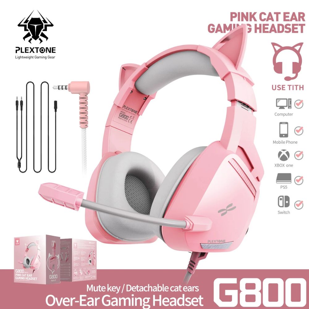 Plextone G800 Pink Cute Gaming Headphone With Mic Cat Ear - Kinaun ...