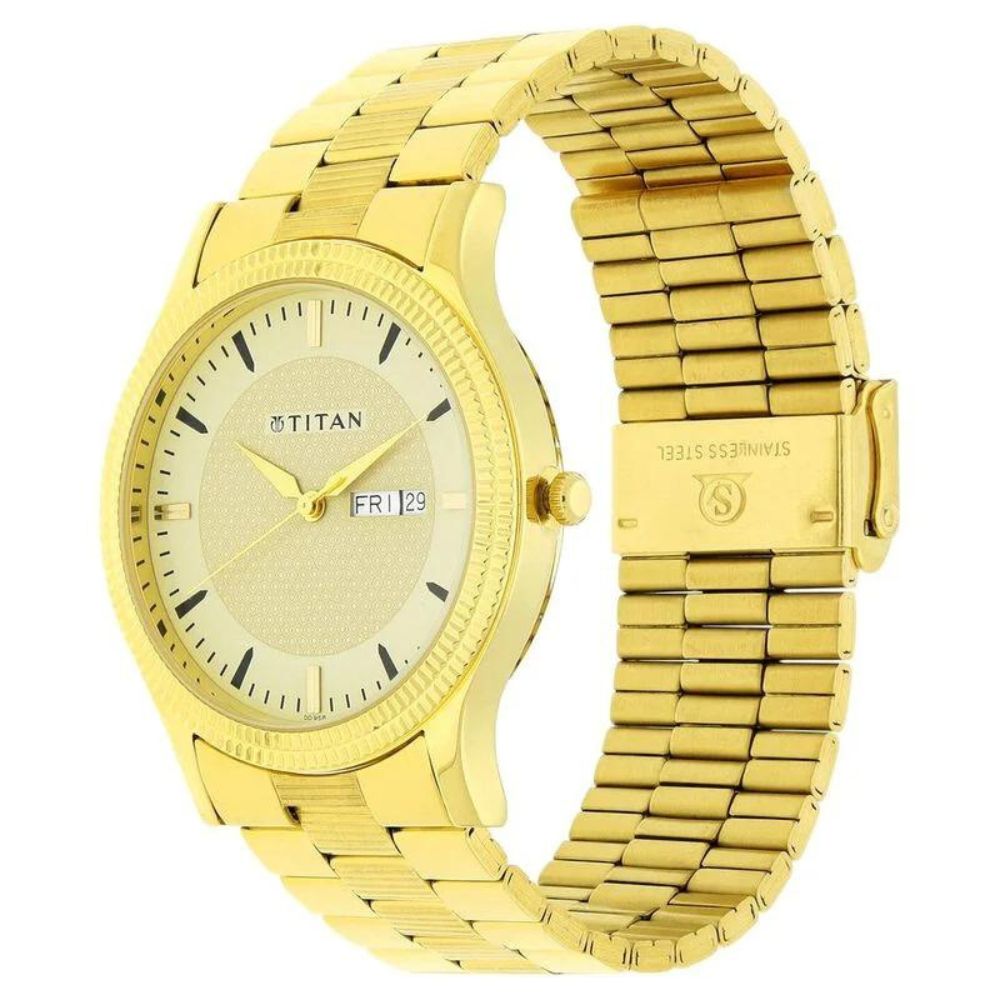 Titan Quartz Analog with Day and Date Golden Dial Stainless Steel Strap ...